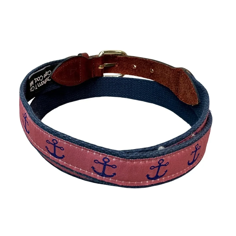 Chatham T Co Cape Cod Anchor Surcingle Belt Navy Pink Leather Preppy Mens L